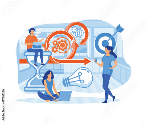 Scrum Framework concept. Team discussing tasks at Kanban board and working on laptop. Business meeting. flat vector modern illustration 
