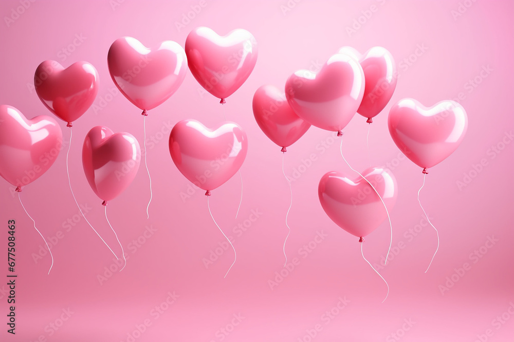 3D heart shaped balloons floating on a pink background. Valentine's day, Baby girl, Gender reveal. Generative AI illustration.