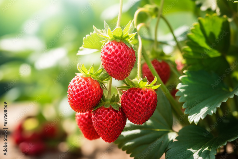 Strawberry plant with ripening berries growing in garden Strawberry plant with ripening berries growing in garden