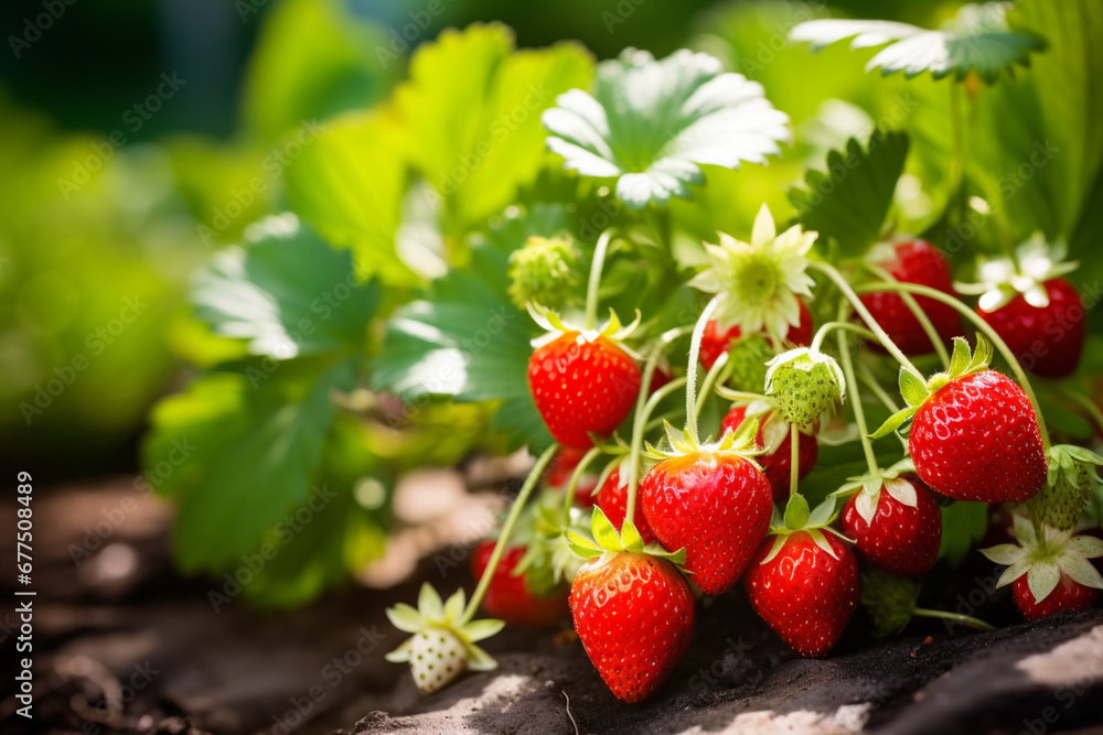 Strawberry plant with ripening berries growing in garden Strawberry plant with ripening berries growing in garden