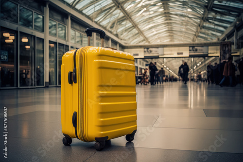 Airport allure Yellow baggage in a blurred interior, symbolizing travel concepts. AI Generative marvel adds depth to this contemporary scene.