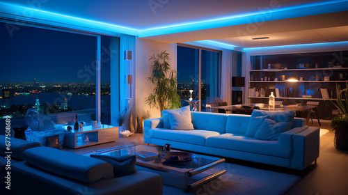 Comfortable modern living room illuminated by blue lighting