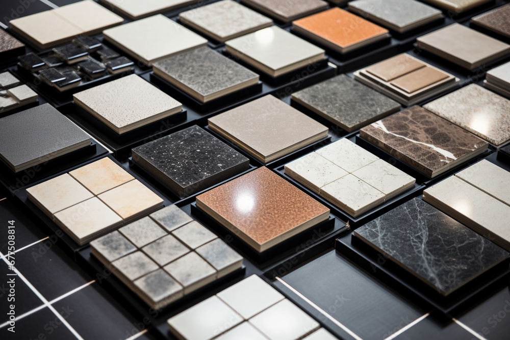 Tile flooring samples selection in rack in retail store Tile flooring samples selection in rack in retail store