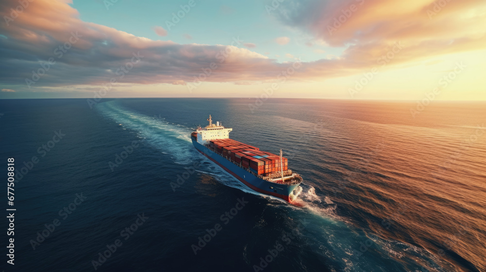 A cargo ships journey across the boundless sea,  seen from above - obrazy, fototapety, plakaty 