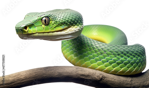 Green exotic snake specie on tree branch isolated on the transparent background PNG