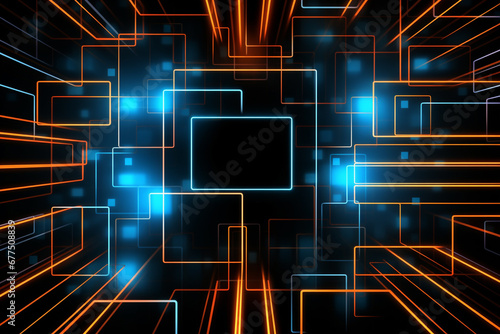 abstract ai technology, security, network background, digital background, square line, neon circuit, blue neon