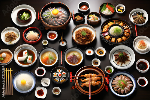 a table of dishes.Generative AI
