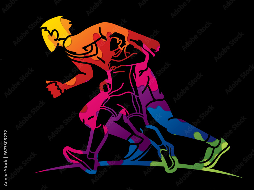Group of People Start Running Men Runner Together Marathon Running Cartoon Sport Graphic Vector