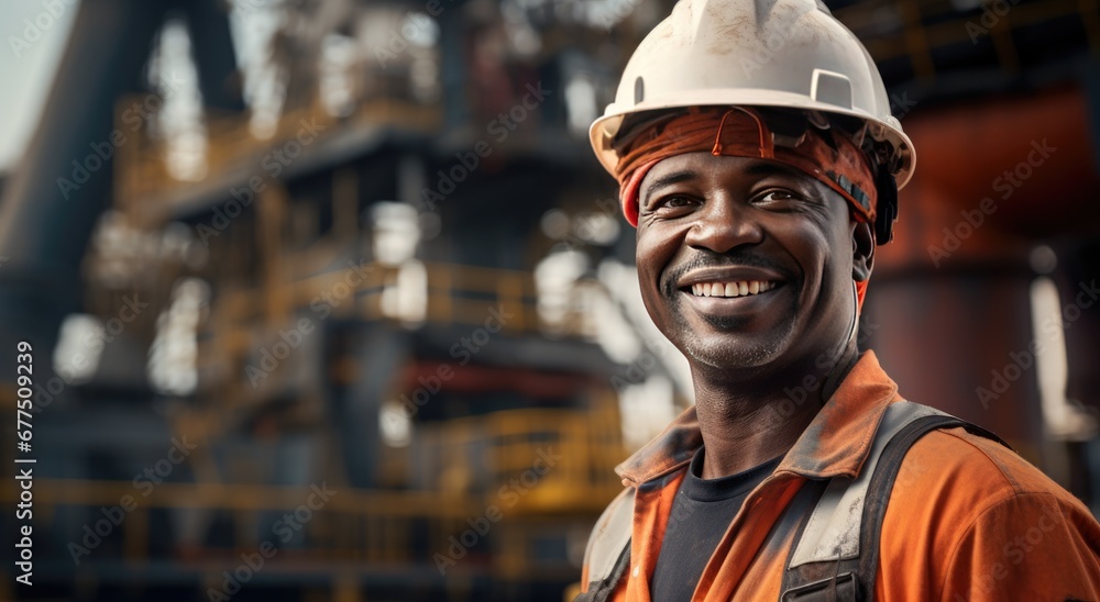 Smiling oil worker in front of rig. Smiling oil worker in front of rig.
