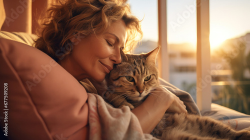 Portrait of senior woman holding cute cat. Female hugging her cute long hair kitty. Background, copy space, close up. Adorable domestic pet concept. photo