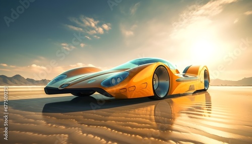 Auto steht auf einer Salzsee Wüste nach einem Rekordversuch / Hochgeschwindigkeits Test / Auto Rekord / Ai-Ki generiert