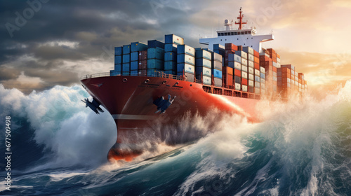 A container cargo ship cuts through the waves, a vital link in supply chains
