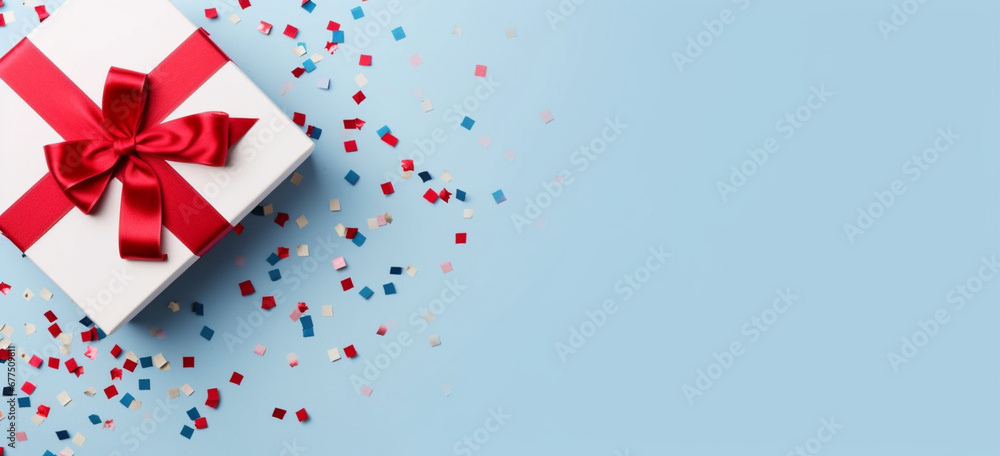 White gift box with red ribbon bow on blue background with confetti, Christmas present, valentine day surprise, birthday concept, Flat lay, top view White gift box with red ribbon bow on blue background with confetti, Christmas present, valentine day surprise, birthday concept, Flat lay, top view