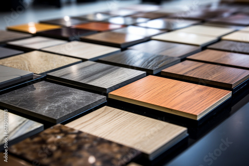 Wood flooring samples selection in rack in retail store photo