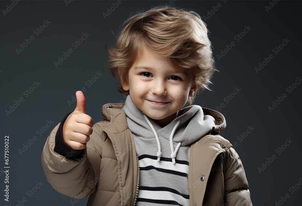 Cheerful little boy in yellow coat showing thumbs up over grey background Cheerful little boy in yellow coat showing thumbs up over grey background