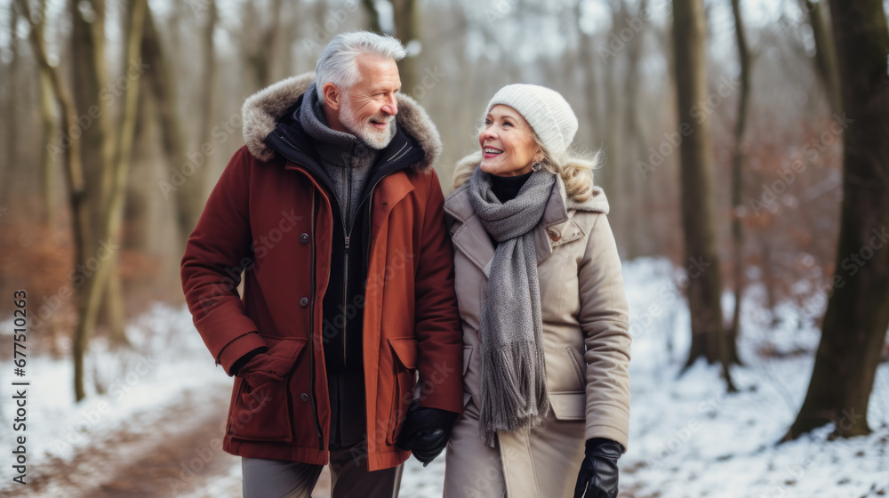 Waist up portrait of happy senior couple enjoying walk in winter forest and looking at each other with love Waist up portrait of happy senior couple enjoying walk in winter forest and looking at each other with love