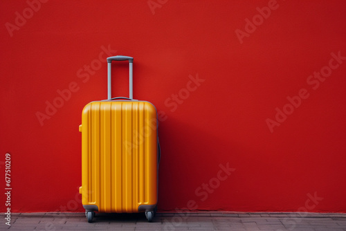 Yellow suitcase with extended handle against red wall