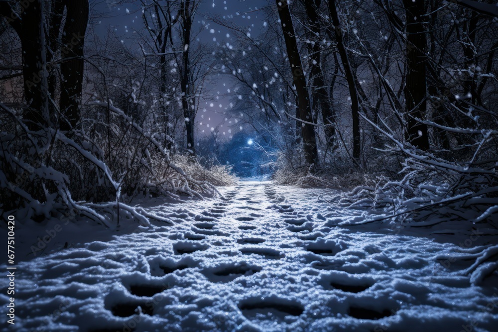 Snowy Footprints: Follow the trails of footprints left in the snow to tell a story or evoke a sense of mystery. - Generative AI - obrazy, fototapety, plakaty 