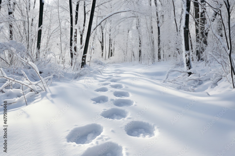 Obraz premium Snowy Footprints: Follow the trails of footprints left in the snow to tell a story or evoke a sense of mystery. - Generative AI