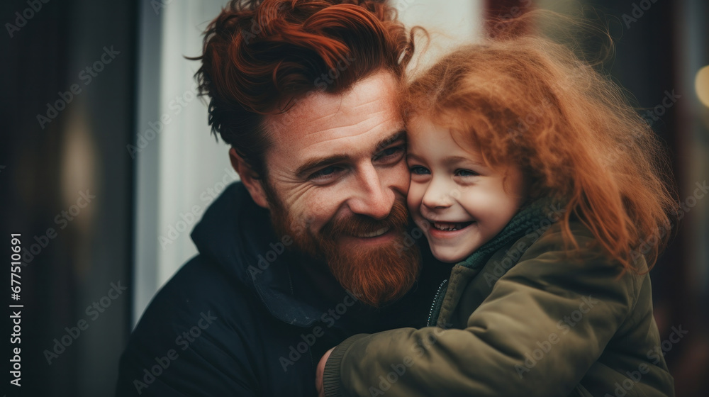 Caucasian red haired father embracing with his cute little child daughter Caucasian red haired father embracing with his cute little child daughter