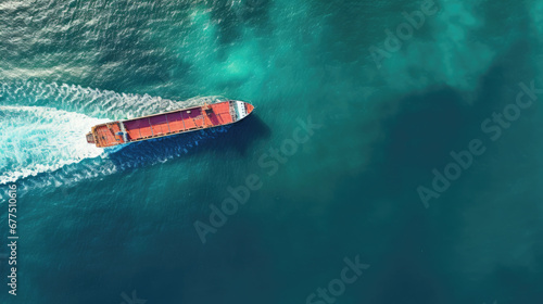 A cargo ships journey across the boundless sea,  seen from above © basketman23