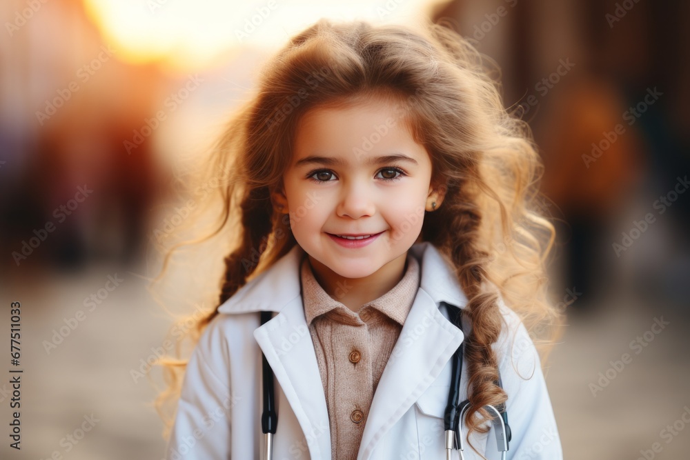 Obraz premium Adorable Little Girl Wearing a White Coat Pretending to Be a Doctor, Engaging in Imaginative Play