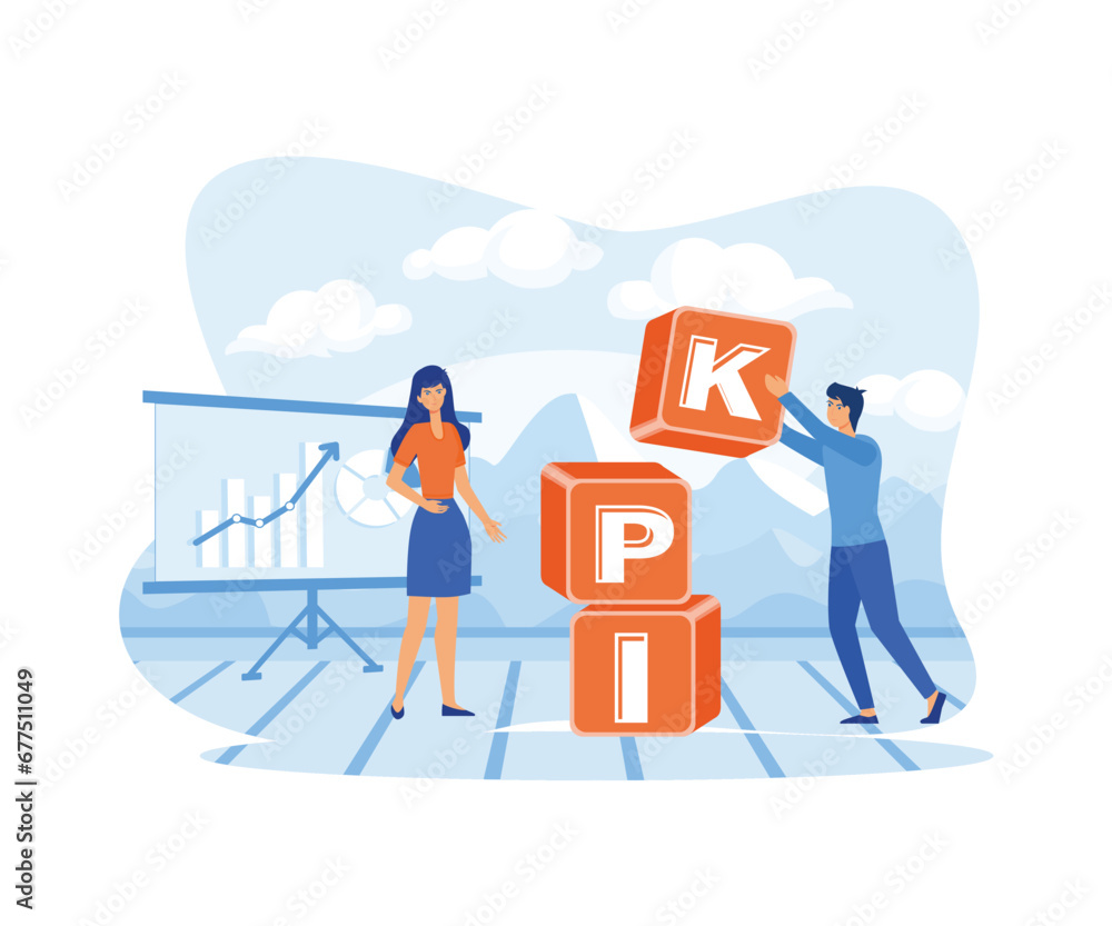 KPI. A woman and a man put the word KPI together with cubes. flat vector modern illustration KPI. A woman and a man put the word KPI together with cubes. flat vector modern illustration