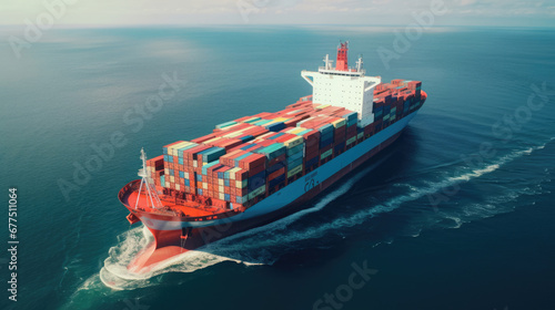 A drones-eye view of a container vessel,  a marvel of maritime engineering photo