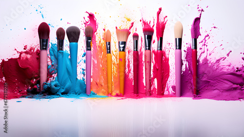 Beauty product burshes collection set with vibrant colors photo