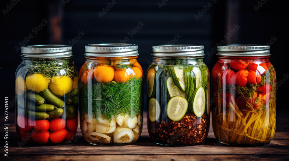 Preserves vegetables in glass jars in an old box. On the black chalkboard. Preserves vegetables in glass jars in an old box. On the black chalkboard.