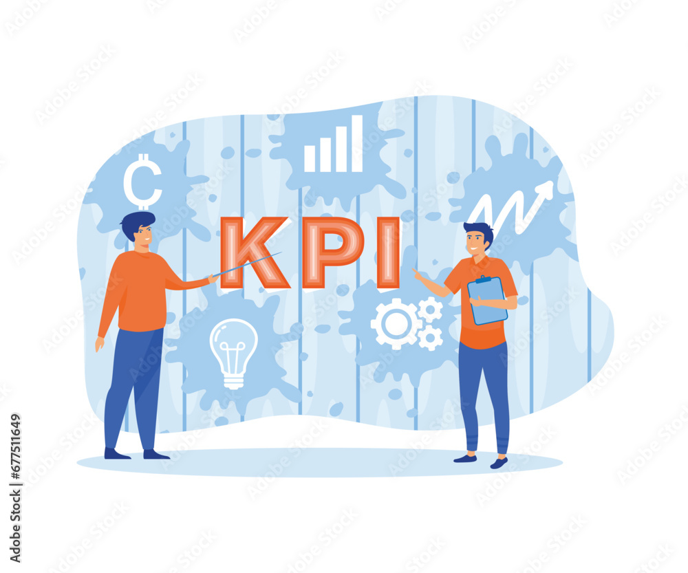 Key Performance Indicator Concept. Businessman Pointing Major Kpi Points to Colleagues Following Objective. flat vector modern illustration 