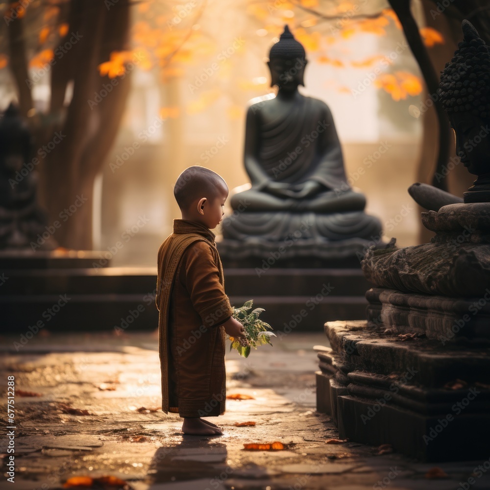 A little monk or novice walking meditation in front of a statue of Buddha.