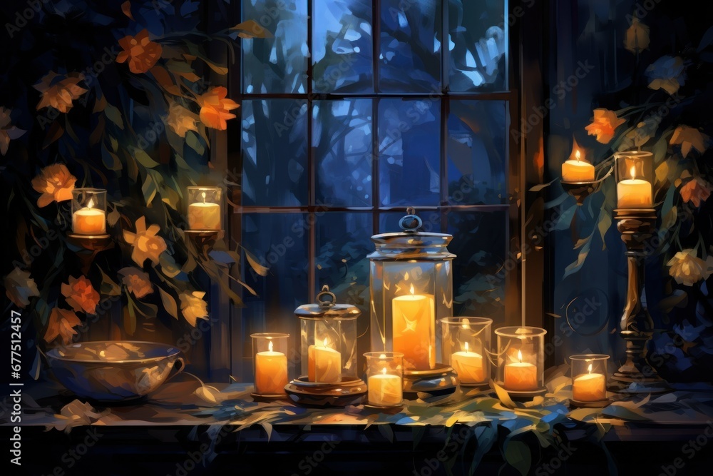 Evening Candlelight: Photograph the warm glow of candles or lanterns against the backdrop of a cold, dark evening. - Generative AI