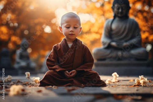 A little monk or novice meditates in front of a statue of Buddha