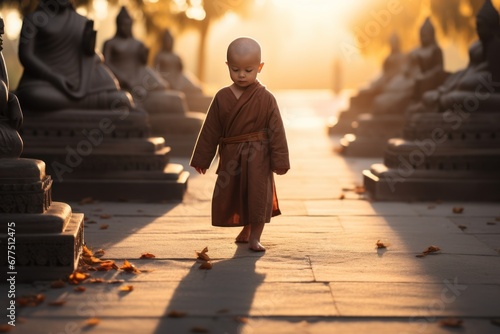 A little monk or novice walking meditation in front of a statue of Buddha. photo