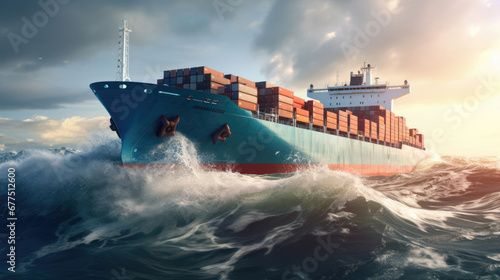 A panoramic view of a cargo vessel carrying containers, surrounded by ocean waves