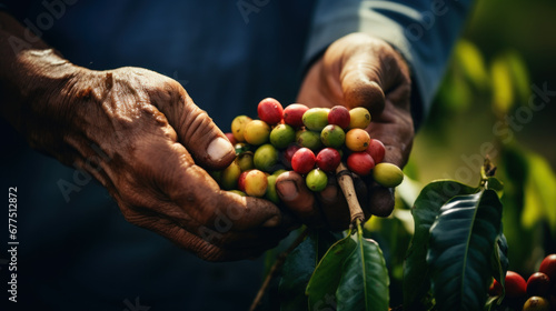 Close-up of hands of senior farmer picking coffee beans from coffee tree photo