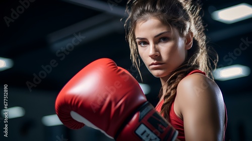 female boxing. a young woman boxer portrait. generative AI  © yj