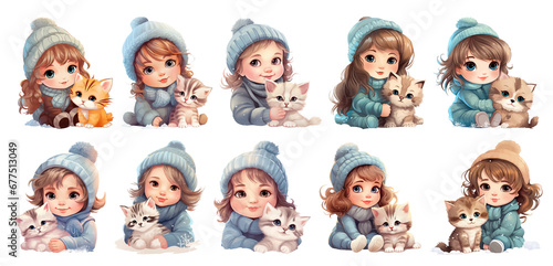 set of cute little Girl with cat on transparant background, png, generated ai photo