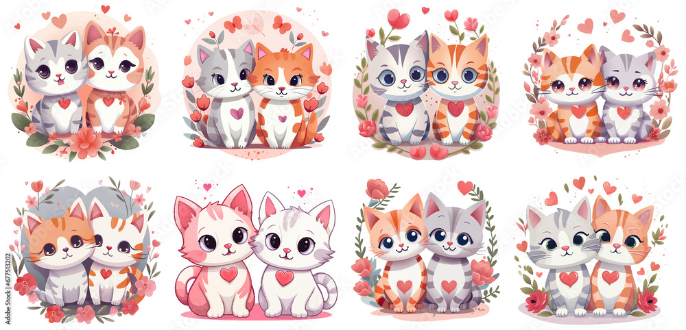 set of cute Cats in Love with hearts, valentine Clipart Sticker on transparent isolated Background, PNG, generated ai