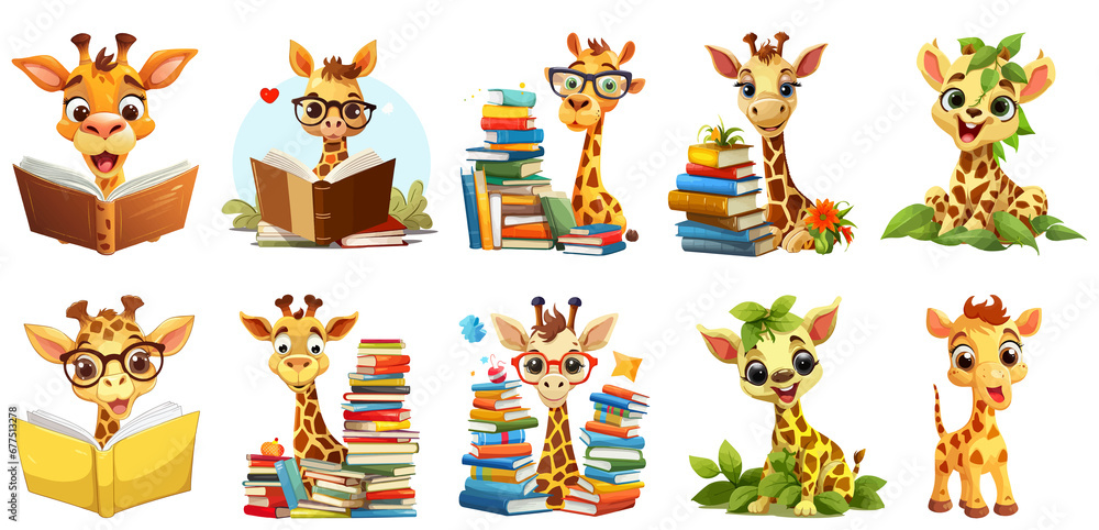 Fototapeta premium set of cute Giraffe Clipart Sticker, transparent isolated Background, PNG, generated ai