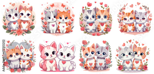 set of cute Cats in Love with hearts  valentine Clipart Sticker on transparent isolated Background  PNG  generated ai