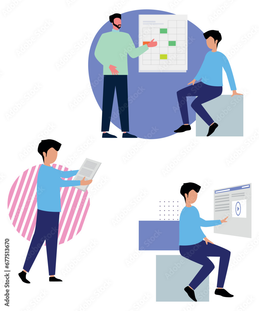 Lazy Flat Art Working Vectors Of 4 Company People Solving On Business Problems