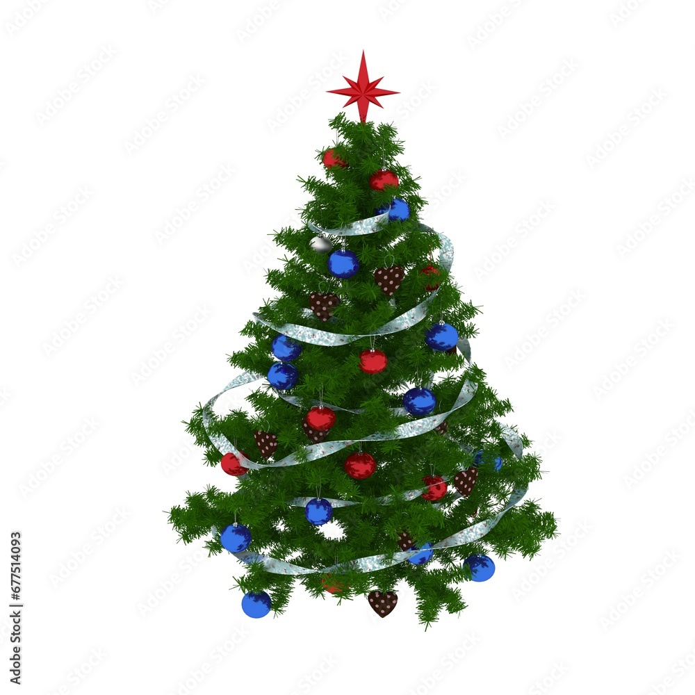 Christmas tree with decorations isolated on white background, 3D illustration, cg render Christmas tree with decorations isolated on white background, 3D illustration, cg render