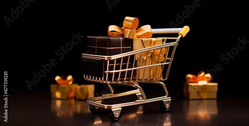 Miniature shopping cart with black and gold gifts, symbolizing holiday sales events.