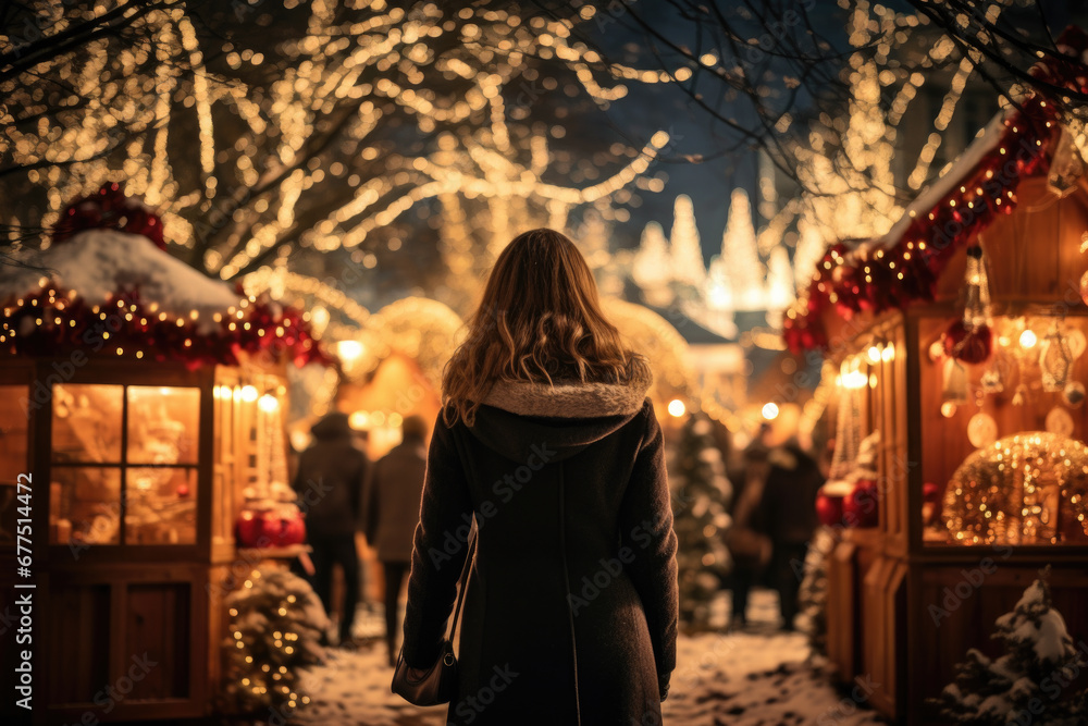 Woman is seen walking down snow covered street at night. This image can be used to depict peaceful winter evening or to illustrate beauty of snowy cityscape Woman is seen walking down snow covered street at night. This image can be used to depict peaceful winter evening or to illustrate beauty of snowy cityscape