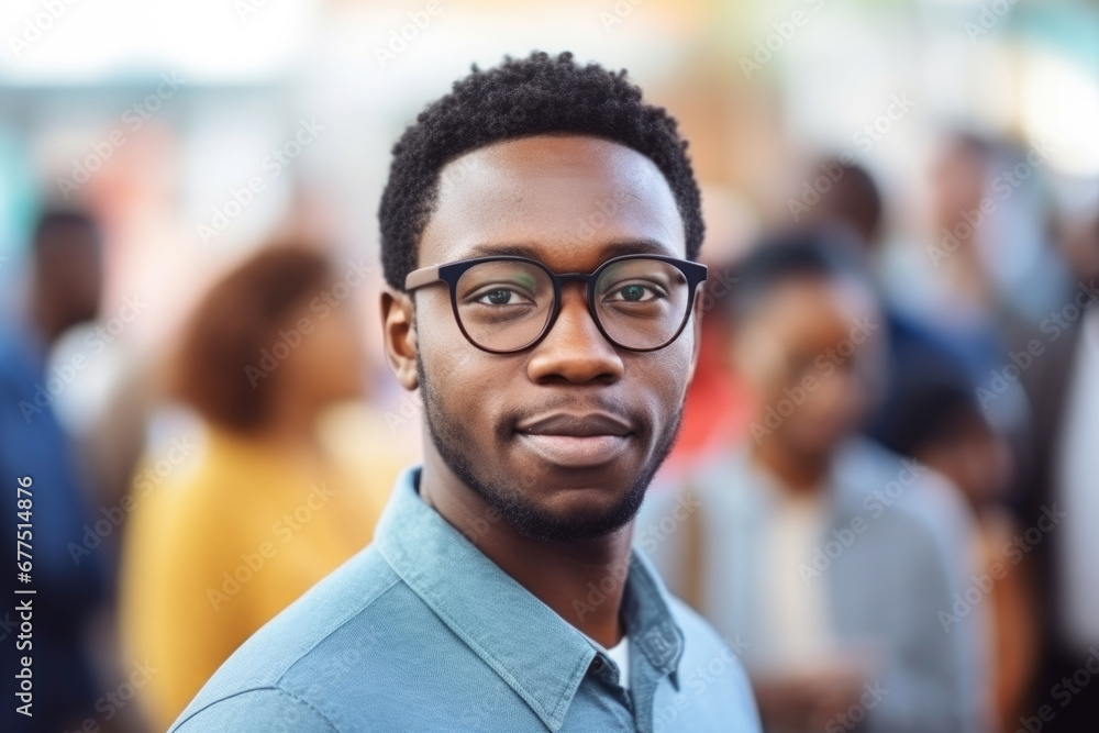 Man wearing glasses stands confidently in front of large crowd. This image can be used to depict leadership, public speaking, or person standing out from crowd Man wearing glasses stands confidently in front of large crowd. This image can be used to depict leadership, public speaking, or person standing out from crowd