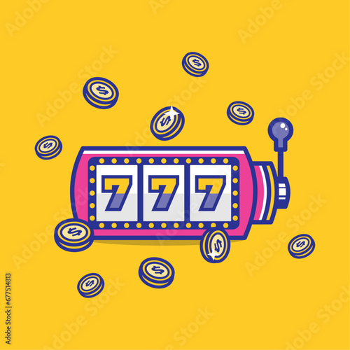 Slot machine with lucky sevens jackpot vector illustration. Win jackpot money