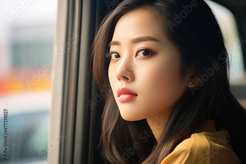 Woman is seen looking out window of bus. This image can be used to depict travel, commuting, or public transportation © vefimov