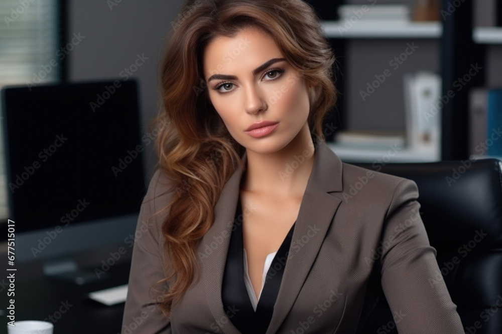 Woman is pictured sitting at desk in front of computer. This image can be used to represent concepts such as work, productivity, technology, and office environment Woman is pictured sitting at desk in front of computer. This image can be used to represent concepts such as work, productivity, technology, and office environment